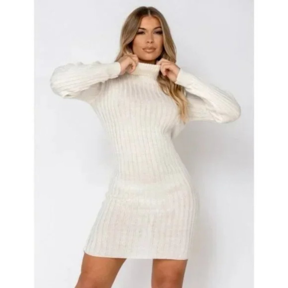 Knitted Turtle Neck Long Sleeve Mini Sweater Dress